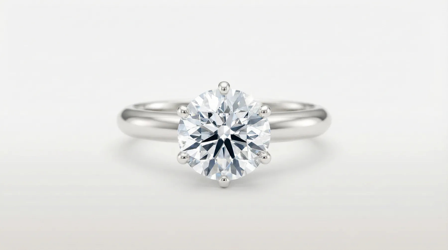 Lab diamant ring 2 carat rund briljant i hvitt gull med seks klør og tynn skinne