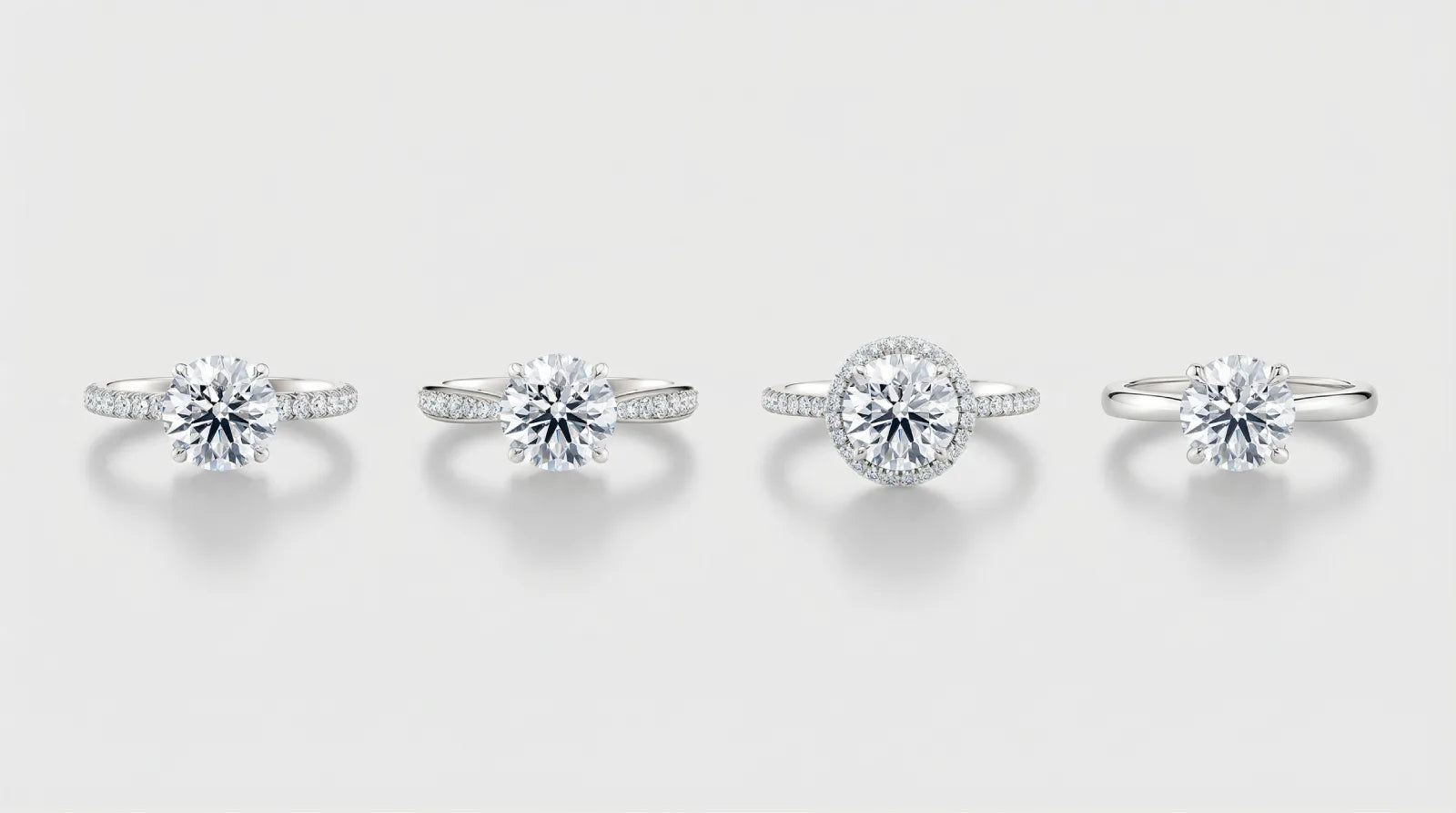 Ulike stiler av lab diamant ring i hvitt gull – pavé, sidediamanter, halo og klassisk solitaire