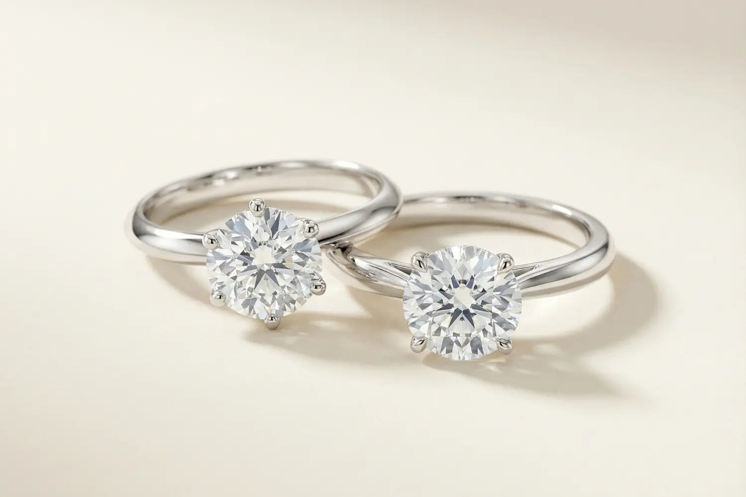 Lab diamant vs naturlig diamant – to forlovelsesringer i hvitt gull med rund briljantslipt diamant