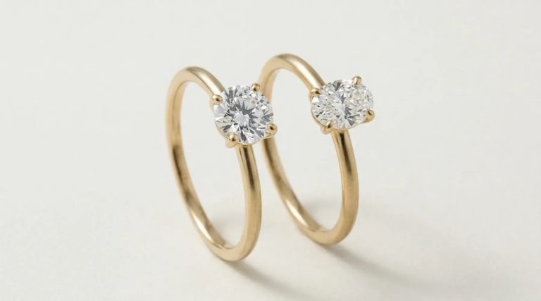 Oval vs rund lab diamant forlovelsesring i gult gull sammenlignet side ved side
